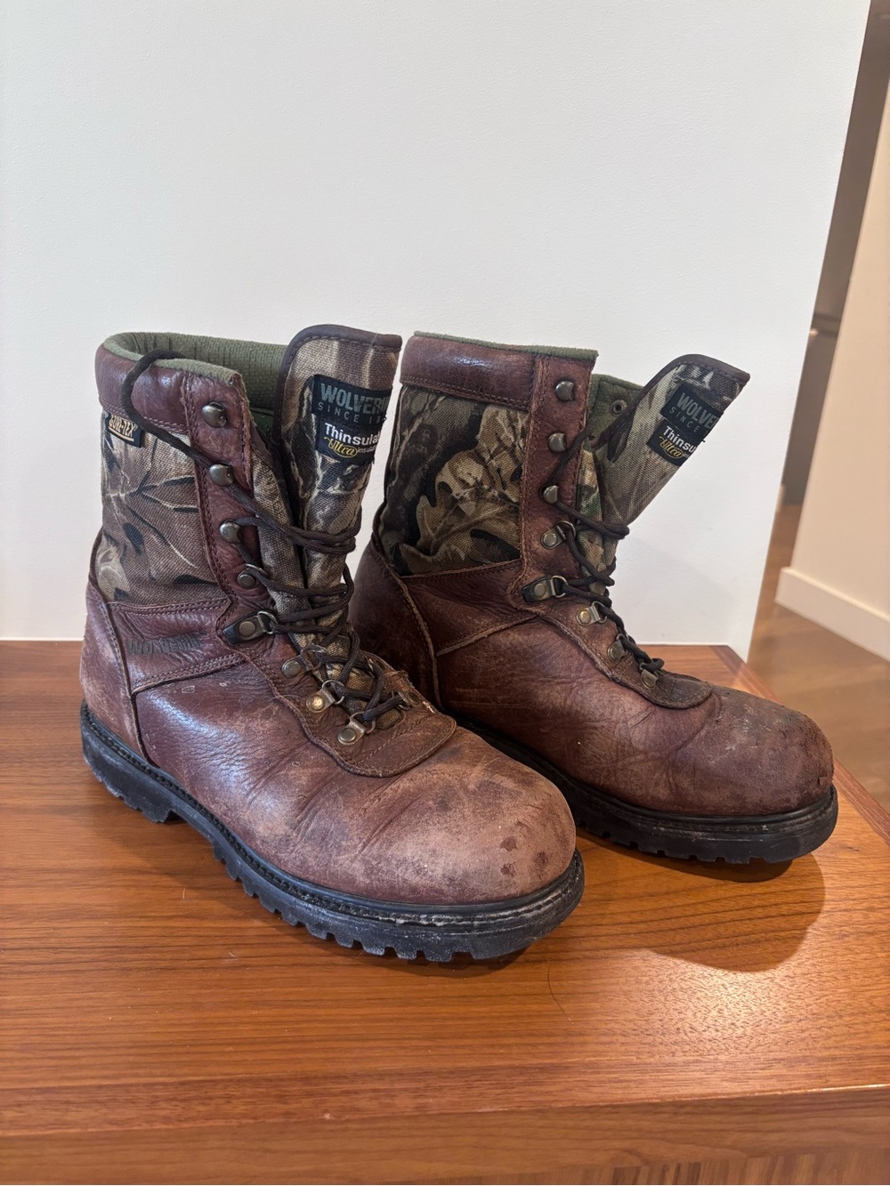 Wolverine size 12 Brown Leather Hunting Boots with Camo Collar